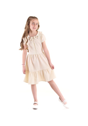 Ahengim Kız Çocuk Düğmeli Yaka Nakışlı Elbise Trend Pamuklu Pamuklu Ak2523 KREM
