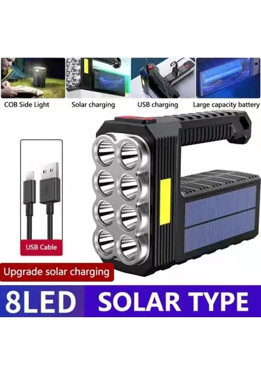Rongcai Süper Parlak Projektör Su Geçirmez El Feneri 6-8 Led Solar Usb Şarj Edilebilir El Feneri Dış Mekan Cob Siyah