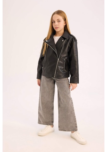 Defacto Kız Çocuk Su İtici Fermuarlı Suni Deri Ceket Mont C4976a825aubk27 Siyah