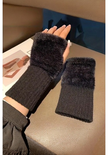 Kadın 1 Çift Kışlık Parmaksız Termal Esnek Polarlı Peluş Eldiven Siyah