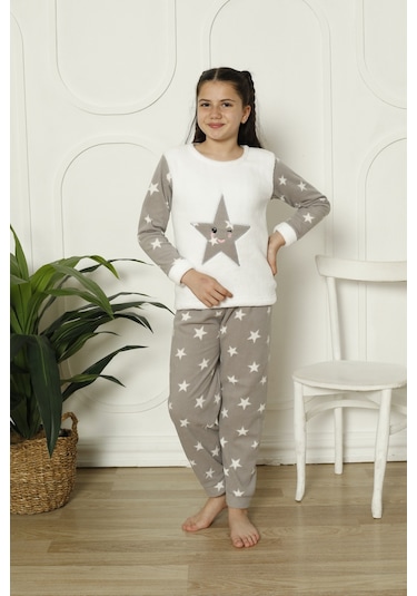 Fames Pijama Kişlik Polar Yildizli Çocuk Pijama Takim Beyaz