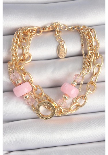 Pirinç Gold Renk Çoklu Pembe Taşlı Kadın Bileklik Çok Renkli