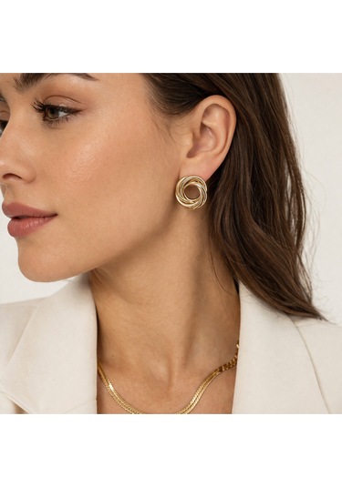 Gold Düğüm Tasarım Küpe Parlak Modern Şık Kadın Küpe Altın