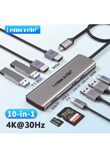 Lemorele 10'un 1'i Çoğaltıcı Hub Usb 3.0/hdmı/100w/type-c/sd/tf