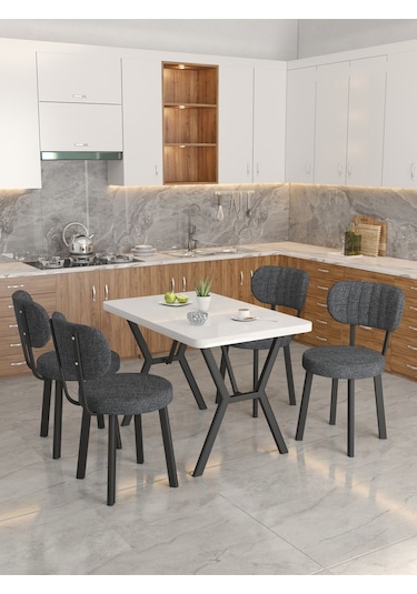 Azra 70x110cm Beyaz Mutfak Masası, Mutfak Masası Takımı, Yemek Masası, 4 Antrasit Sandalye Antrasit