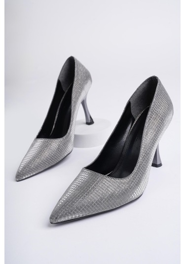 Muggo Yowel Garantili Sivri Burun Kadın Topuklu Stiletto Ayakkabı Platın