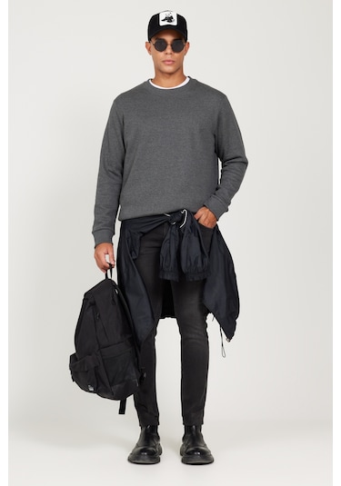 AC&Co / Altınyıldız Classics Erkek Antrasıt Melanj Standart Fit Normal Kesim İçi Polarlı Bisiklet Yaka Sweatshirt Antrasit