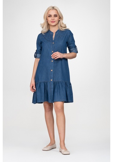 Bold & Young Kadın Cepli Kol Britli Etek Ucu Büzgülü Katlanır Kol Gömlek Elbise İndigo