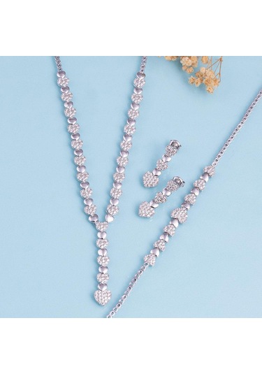 Gümüş Pazarım Rodyum Kaplama 925 Ayar Gümüş Kalpli Süzme Su Yolu Gümüş Düğün Seti Gümüş