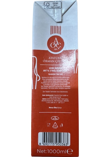 Atatürk Orman Çiftliği %3 Yağlı Süt 1 Lt X 6 Adet