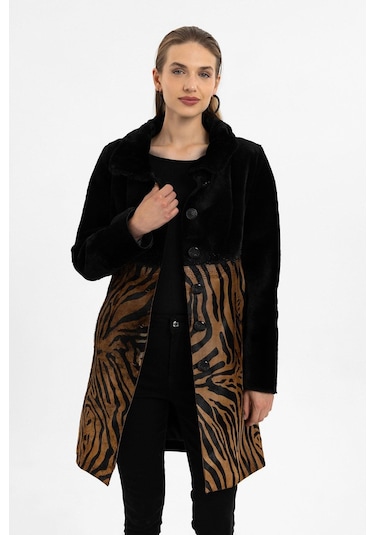 Jade Siyah Ve Leopar Desenli Kadın Hakiki Deri Kaban-siyah Siyah