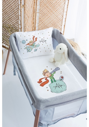 %100 Delux Pamuk Saten İsme Özel İsimli 70x120 Park Yatak Nevresim Seti Küçük Prens