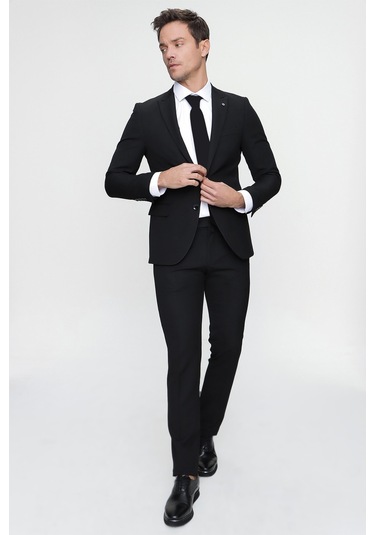Morven Erkek Basic Düz Slim Fit 3lü Takım Elbise Slim Fit - 542408291 - Siyah