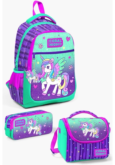 Coral High Kids Mor Su Yeşili Unicorn Desenli Okul Çanta Seti Set0123487