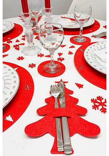 Yılbaşı Temalı Supla Seti 4 Kişilik Kırmızı Keçe, 3mm, Bardak Altlığı Ve Peçetelikli Kırmızı