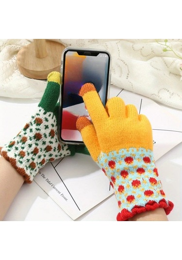 Elmpaly Pembe Kışlık Bisiklet Kayak Eldiveni Çiçek Desenli Rüzgar Koruma Dokunmatik