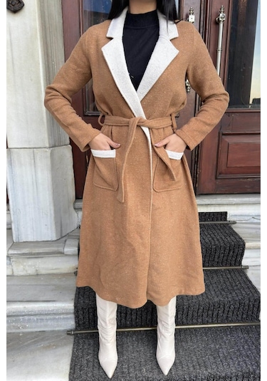 Taba Çift Taraflı Kruvaze Yaka, Kuşaklı, Yumoş Dokulu, Duble Kaşe Uzun Ceket Taba