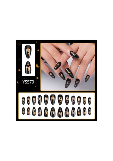 Yeni Tatlı Ve Havalı Siyah Yıldız Ay Badem Şeklinde Takılabilir Tırnak 24 Parça Çıkarılabilir Premium Siyah Altın Tırnak Sanatı Aletler Dahil Ys570