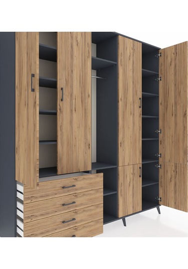 Hyperion Dolap 14 Raflı 4 Çekmeceli Tek Askılı 220x44x243 Antrasit-çam/çam Atlas Çam/atlas Çam