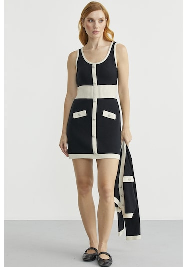 Blok Geçişli Elbise Hırka Triko Takım - Taş Taş