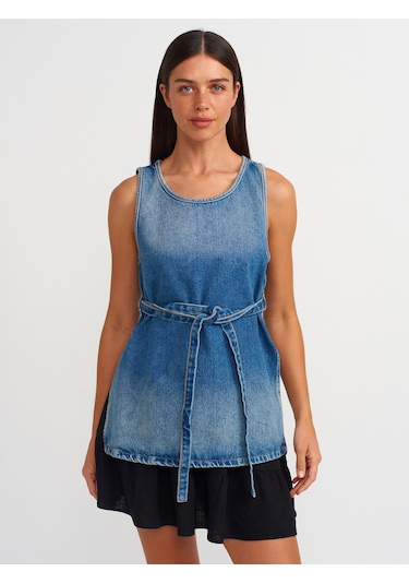 Dilvin İnce Kemerli Denim Bluz Mavi
