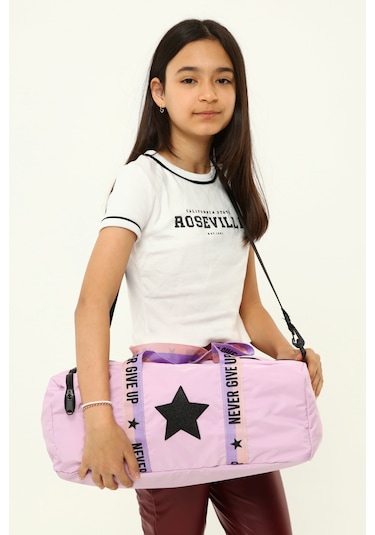 Kız Çocuk Yıldız Baskılı Spor Çanta, Yan Cepli Spor Çanta - Lila