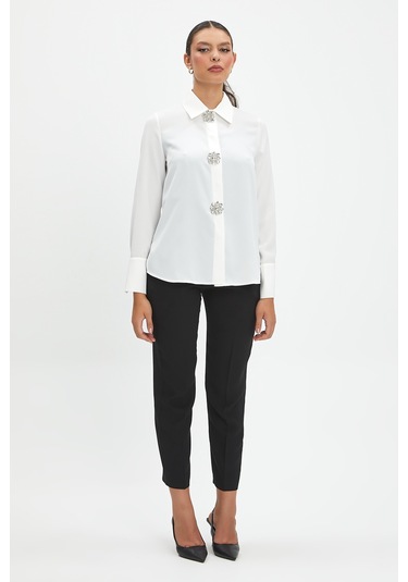 Kadın Taş Düğme Detaylı Gömlek -Ekru