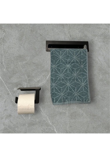 Dione Store 2li Banyo Seti, Metal Havlu Tutucu Ve Tuvalet Kağıtlığı, Havluluk, Tuvalet Kağıdı Tutucu Siyah