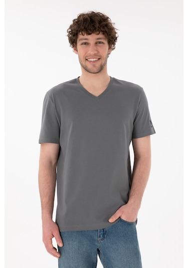U.S. Polo Assn. Erkek Regular Fit  V Yaka Gri Basic Tişört 50305858-VR024