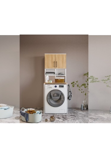 Bone 2 Kapaklı 7 Bölmeli Çamaşır Makinası Dolabı Beyaz