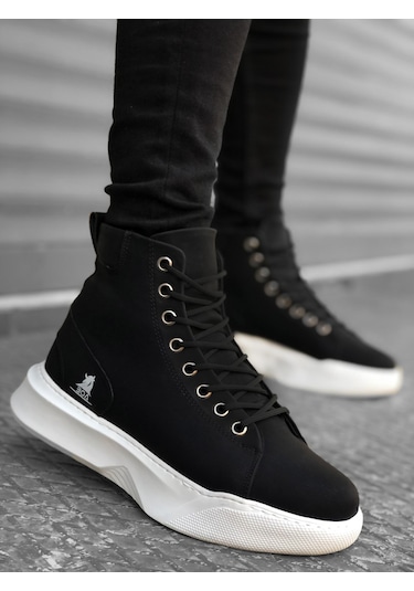 BA0155 Bağcıklı Erkek Yüksek Taban Siyah Beyaz Taban Spor Bot