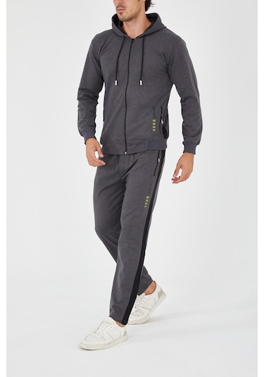Pants Düz Paça Fermuarlı Kapşonlu Eşofman Takım - Füme Füme