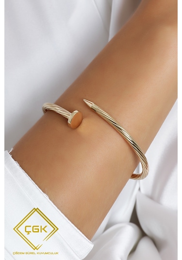 Taşlı Çivi Altın Kaburga Kelepçe Bilezik