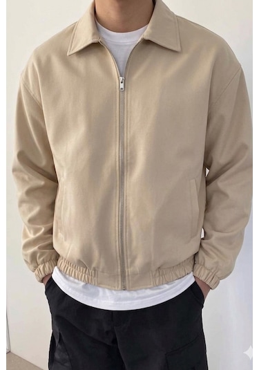 Tarz Cool Erkek Oversize Bomber Ceket Fermuarlı Basic Günlük Şık Mont Bej