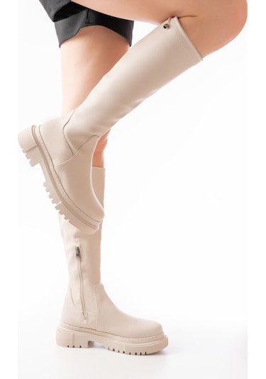 812-2291 Bej Fermuarlı Günlük Kadın Çizme Bej