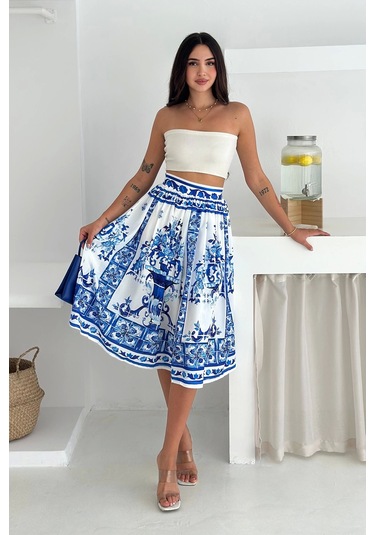 İthal Krep Kumaş Desenli Etek Mavi Mavi