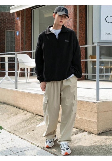 Genıus Store Erkek Polar Oversize Sweatshirt Polar Sweatshirt Siyah