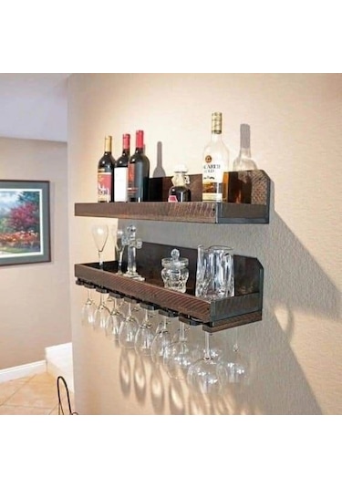 Masif Ahşap Çok Amaçlı Bar Duvar Rafı Ceviz