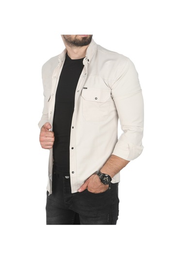 Deepsea Erkek Bej Büyük Beden Pamuklu Likralı Spor Gömlek Dar Kalıp, Çıt Çıt Kapamalı 2500423 Bej