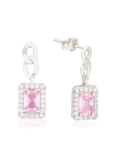 925 Ayar Gümüş Pembe Taşlı Baget Takı Seti Zincir Detay