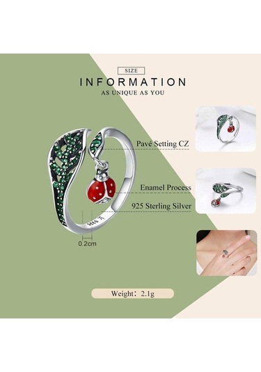 Bamoer 925 Ayar Gümüş Dinlenme Uğur Böceği Ağaç Yapraklarında Dangle Parmak Yüzük Gümüş
