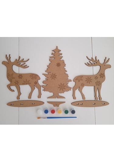 Geyik Ve Ağaç 3d Yapboz Yeni Yıl Temalı Ahşap Boyama Seti