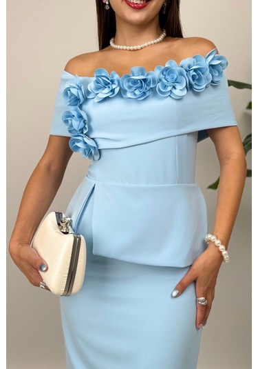 Vivenza Gül Detaylı Omuz Açık Kayık Yaka Uzun Mavi Abiye Elbise, Nişan Ve Davet Zarafeti Mavi