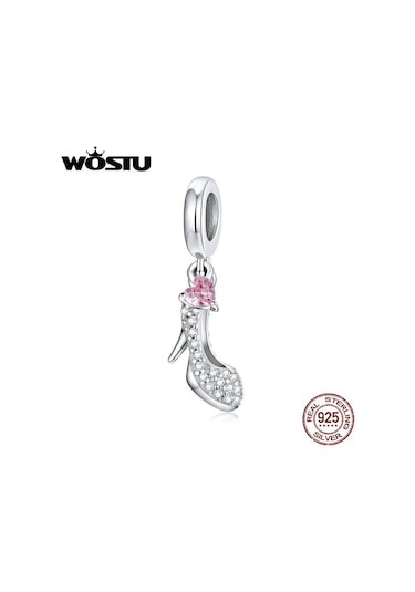 Wostu Parlak Cam Terlik 925 Ayar Gümüş Topuklu Pembe Kalp Zirkon Kolye Charm Fit Orijinal Bilezik Takı Gümüş