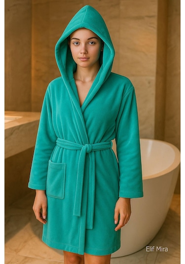 Genç Kız / Erkek Çocuk Kapşonlu Garson Boy Kadife Bornoz %100 Pamuklu Turkuaz