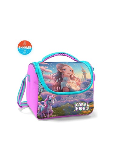 Coral High İlkokul Kız Çocuk Okul Beslenme Çantası, Turkuaz Pembe Anime Kız, Termoslu Isı Yalıtımlı Turkuaz - Pembe