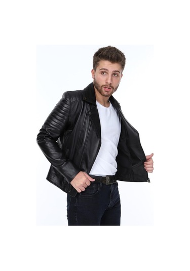 Hakiki Kuzu Derisi Yaka Detaylı Yandan Fermuarlı Erkek Deri Ceket Siyah Siyah