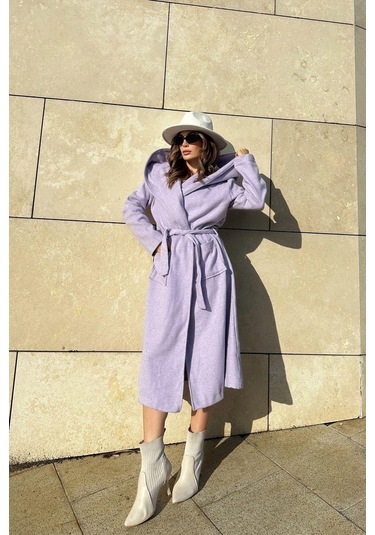 Kadın Lila Kruvaze Yaka, Kapüşonlu, Çift Cepli, Beli Kemerli, Uzun Kaşe Kaban Astarsız Lila