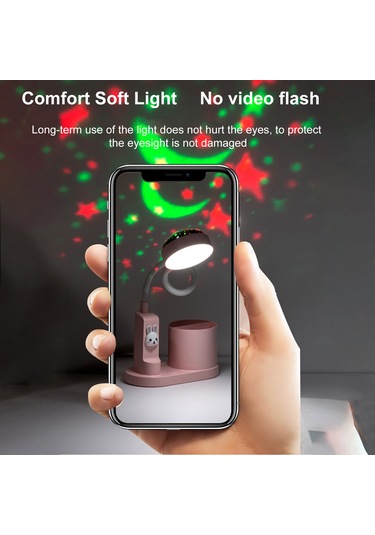 Hfambition Çalışma Masası İçin Renkli Projeksiyonlu Masa Lambası Ve Kalemlik Kombinasyonu - Pembe