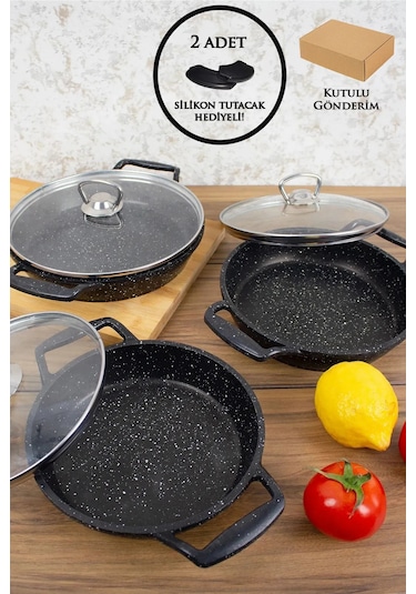 Esivitalia 6'lı Granit Sahan Seti Cam Kapaklı Döküm Siyah 18-20-22 Cm